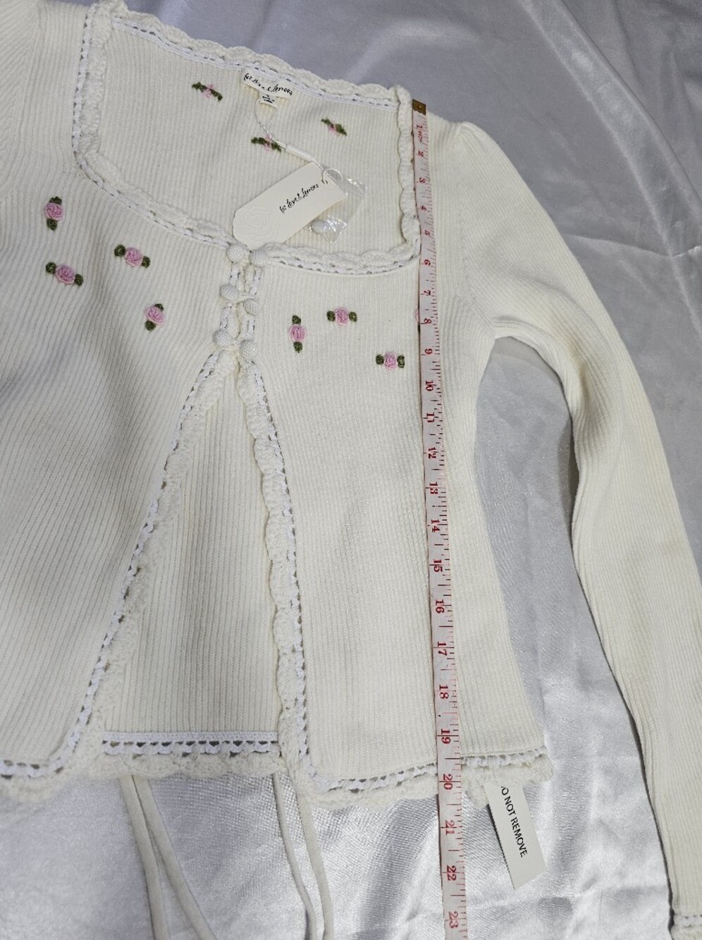 For Love & Lemons Cream Knit Cardigan with Pink Rose Embroidery - Picture 4 of 7